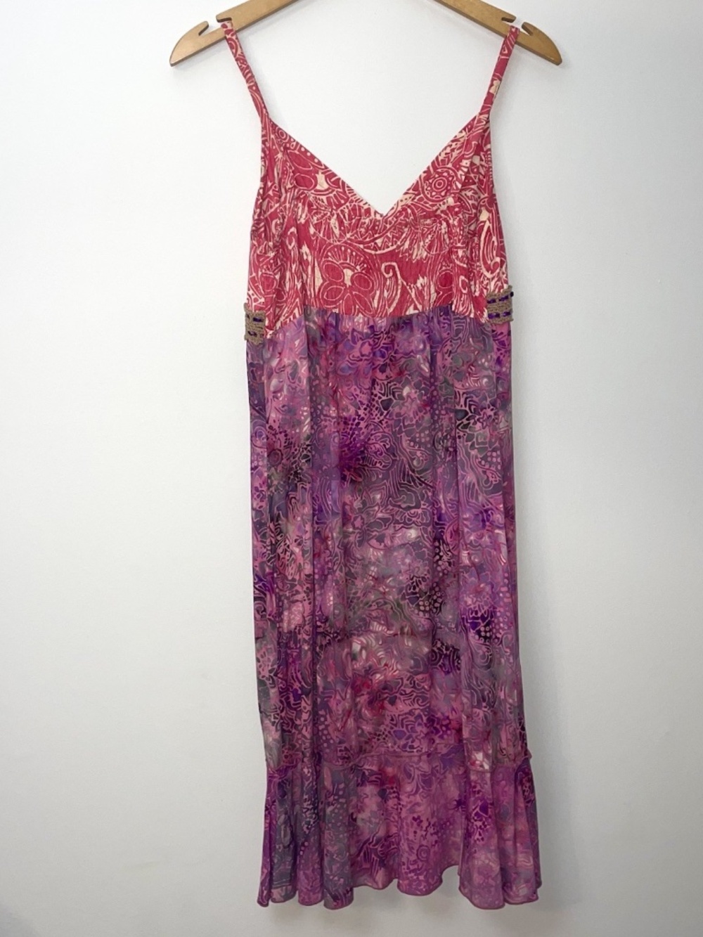 Santiki Sun Dress M Pink & Orange Batik Bohemian Floral Crochet Trim Smock Back - Picture 2 of 10